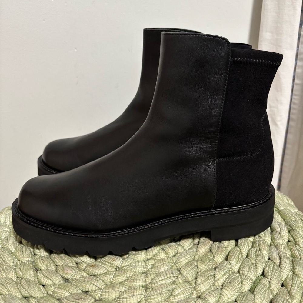 Stuart Weitzman 5050 Lift Black Nappa Leather Pull On Combat Ankle Boots Bootie - Picture 4 of 11